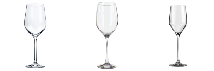 A tall, elegant crystal wine glass with a slender stem, isolated on a transparent background