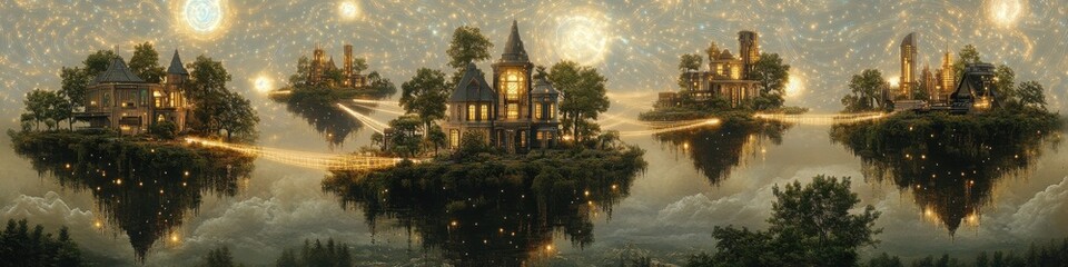 Obraz premium Enchanting Floating Islands with Magical Castles and Glowing Lights in Dreamy Sky: A Fantasy Wonderland Scene with Floating Castles, Glowing Lights, and Dreamlike Atmosphere