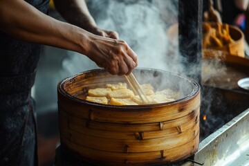 Fototapeta premium Fried food vendor frying traditional Asian street food