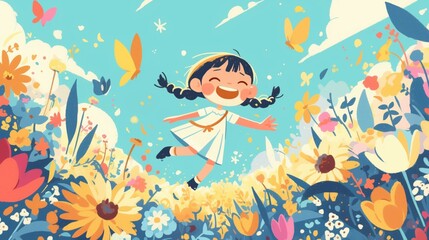 Joyful girl running through a vibrant flower field
