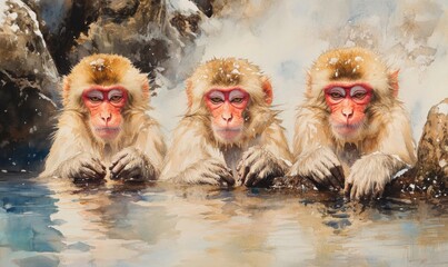 Watercolor Relaxing Snow Monkeys bathe in Hot Springs, Jigokudani, Nagano, Japan