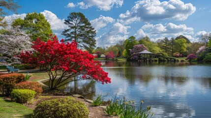 Fototapeta premium Tranquil Pond with Blooming Azaleas and a Gazebo