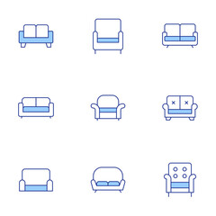 Sofa icons set. Line Duotone style, editable stroke. armchair, sofa, couch.