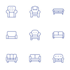 Sofa icons set. Thin Line style, editable stroke. armchair, couch, sofa.