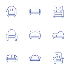 Sofa icons set. Thin Line style, editable stroke. armchair, couch, sofa