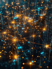 Obraz premium Futuristic Cityscape Network Visualization with Glowing Nodes and Digital Connectivity Illustrating Advanced Technology, Data Transfer, and Urban Innovation