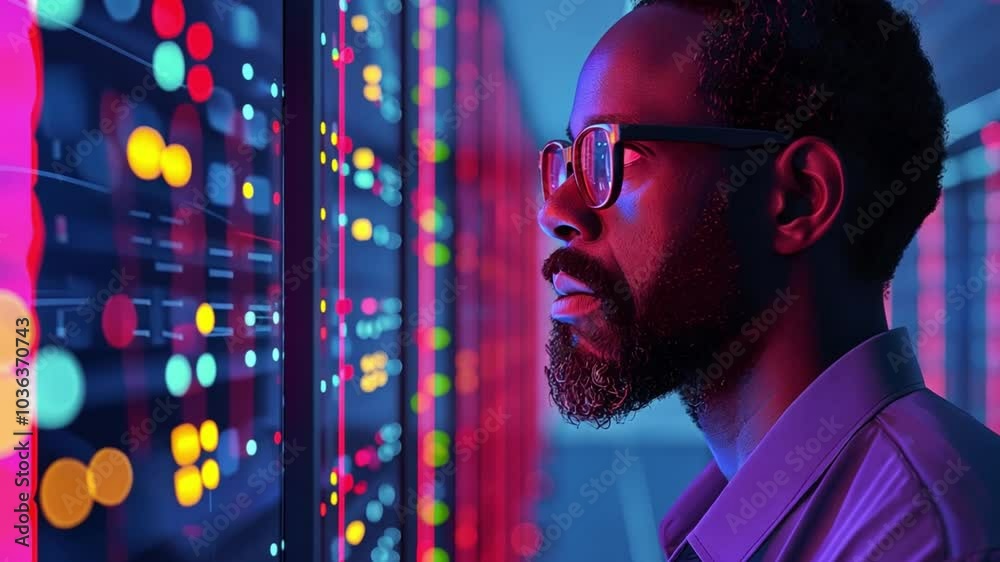 Leinwandbilder A professional analyzes vibrant data visualizations illuminated by colorful LED lights in a modern server room, showcasing cutting-edge technology and intricate data analytics.