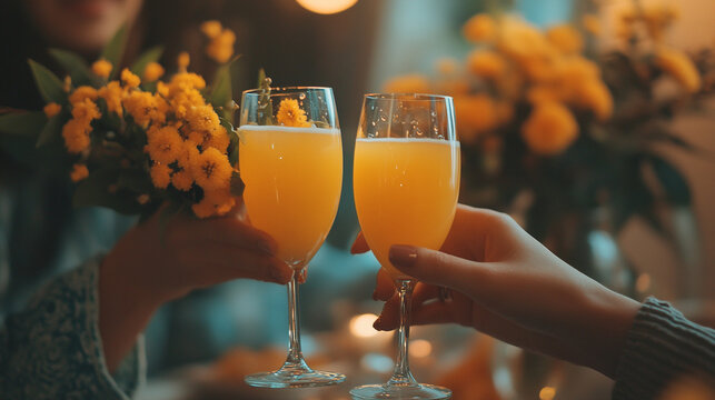 Celebrating National Champagne Day with bright cocktails and fresh flowers in a cozy setting - Powered by Adobe