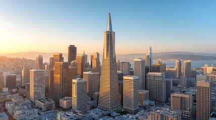 Stunning aerial view of san francisco's iconic skyline at sunset showcasing landmark architecture and urban beauty