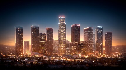 Fototapeta premium Stunning nightscape of downtown los angeles showcasing iconic skyscrapers illuminated against a twilight sky