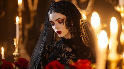 Fototapeta premium Enchanting Gothic Bride in Dark Wedding Dress with Bold Red Lips and Smoky Eyes Surrounded by Candlelit Romance and Roses