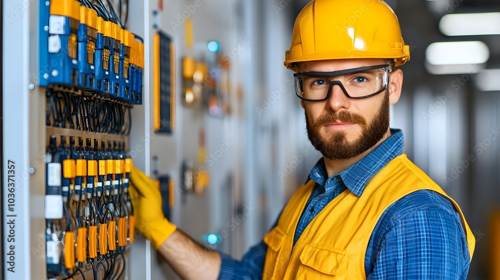 Wall mural skilled electrician diligently repairing electrical wires in a modern commercial building