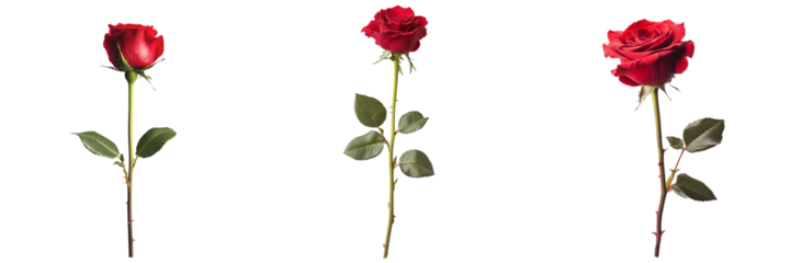 A single red rose in full bloom, with delicate petals and a green stem, isolated on transparent background