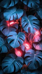 Obraz premium Dark teal leaves with neon pink lights. Perfect for digital design, creating backgrounds, and graphic design.