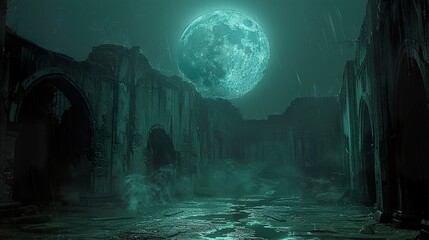 Fototapeta premium Eerie Ruins Under a Full Moon: A Haunting Nighttime Scene