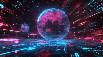 Obraz premium Neon colored futuristic global world in Metaverse digital world cyber space 3D rendering Background