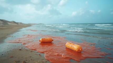 Obraz premium Impact of pollution on coastal ecosystems a stark reminder of environmental neglect with plastic waste on the shorelines
