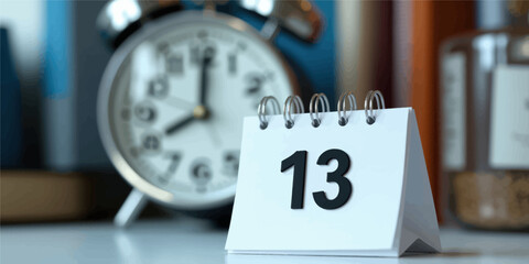 Desk Calendar Displaying Date 13 Near Alarm Clock