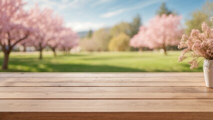 wooden table for product display and presentation with pink trees and spring in the background