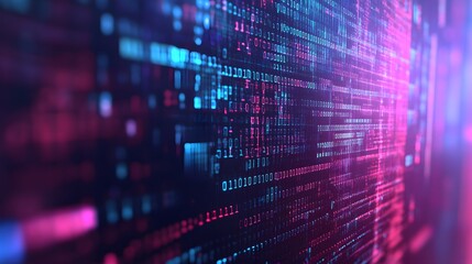 Abstract technology chip lines growing from bottom to top at digital binary code background.