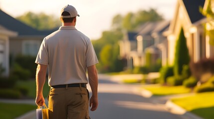 Postman Delivering Mail in Sunny Suburban Neighborhood with Detailed Homes and Buildings