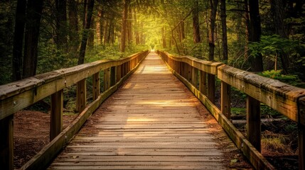 Obraz premium Wooden Bridge Through a Sunlit Forest