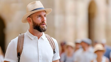 Enthusiastic Tour Guide Leads Group Through Historic City Showcasing Landmarks