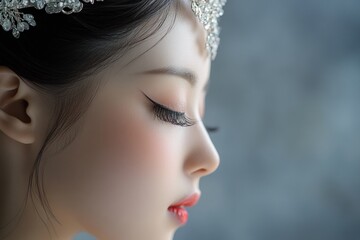 Fototapeta premium Side view of a very beautiful Asian woman wearing a tiara, beauty pageant concept