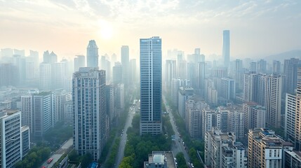 A stunning aerial view of a modern cityscape bathed in morning light highlighting skyscrapers and urban life