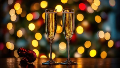 New Year's Eve scene with champagne glasses and bokeh lighting, high resolution.