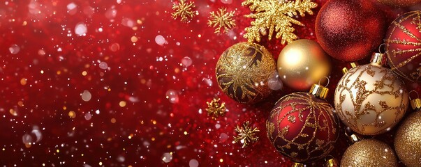 Festive golden Christmas ornaments on a rich red New Year background.