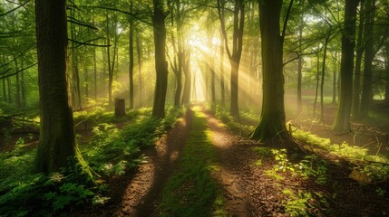 Obraz premium Sunbeams Illuminating a Misty Forest Path