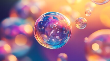 A Single Large iridescent Soap Bubble with Smaller Bubbles Inside and Out on a Blurry Multicolored Background