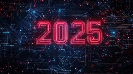 Futuristic circuit board structure with new year "2025" digital background, AI generated image