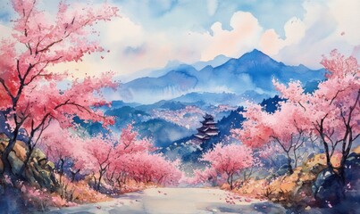 Naklejka premium Watercolor Scenic full bloom cherry blossom at Himeji castle in Hyogo, Japan