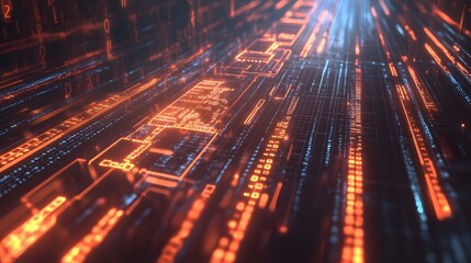 Fototapeta premium Abstract technology chip lines growing from bottom to top at digital binary code background.