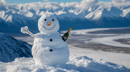 Obraz premium Celebrate National Champagne Day with a cheerful snowman holding bubbly against a mountain backdrop
