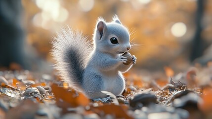 Obraz premium Adorable 3D Cute Baby Squirrel Holding a Delightful Pastel Acorn, Radiating Playfulness in a Whimsical Forest Setting