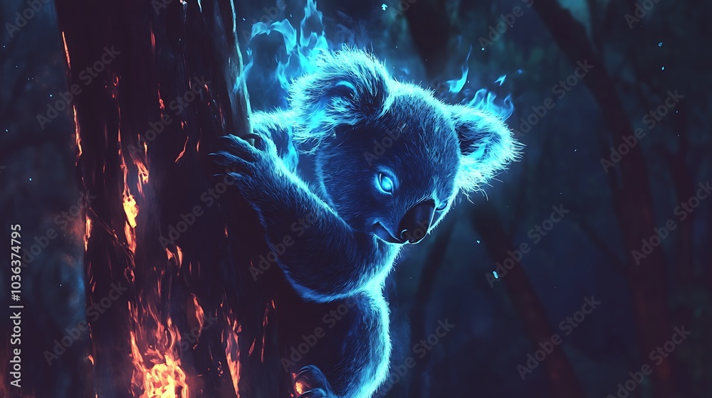 Poster Blue Fire Koala in the Forest.