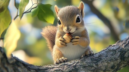 Obraz premium Adorable 3D Cute Baby Squirrel Holding a Delightful Pastel Acorn, Radiating Playfulness in a Whimsical Forest Setting