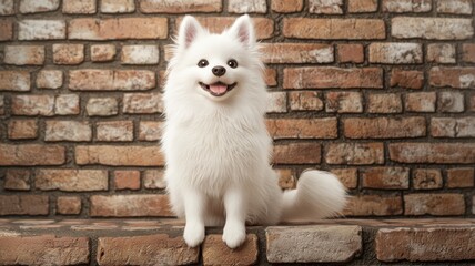Fototapeta premium Happy white dog sitting in front of a brick wall, looking cheerful and playful.