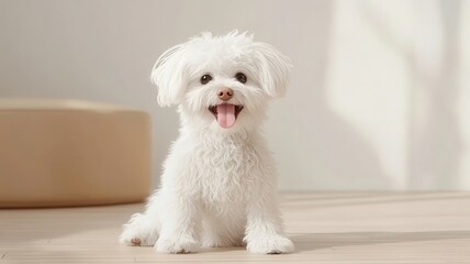 Playful white dog sitting on the floor with a joyful expression.