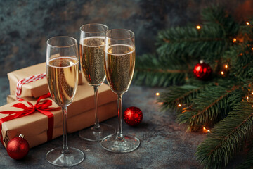 Champagne glasses and gift boxes