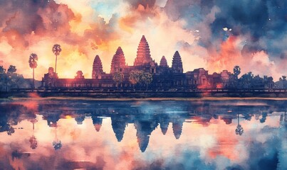 Obraz premium Watercolor Angkor Wat, an ancient temple ruins in Cambodia