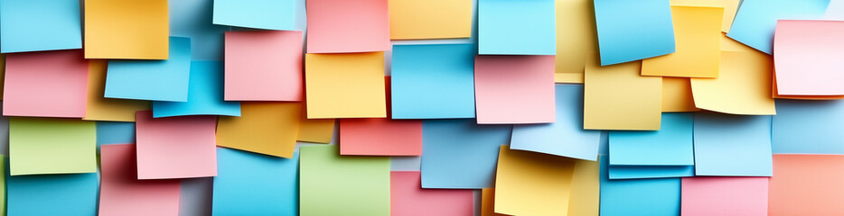 Sticky Note Post It Board Office. Business people meeting at office and use post it notes to share idea. Brainstorming concept. Sticky note on glass wall or blackboard. Set of colorful blank notes.