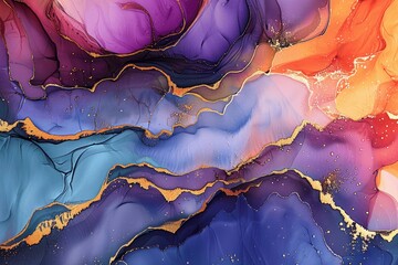 Vibrant Alcohol Ink Painting with Gold Cracks and Wavy Shapes in Purple Blue Pink Orange Palette