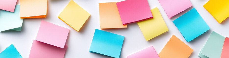 Fototapeta premium Sticky Note Post It Board Office. Business people meeting at office and use post it notes to share idea. Brainstorming concept. Sticky note on glass wall or blackboard. Set of colorful blank notes.