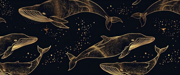 whales, underwater, marine life, ocean, wildlife, art, nature, black background, gold lines, illustration of whales swimming in space like environment with stars, detailed, elegant design