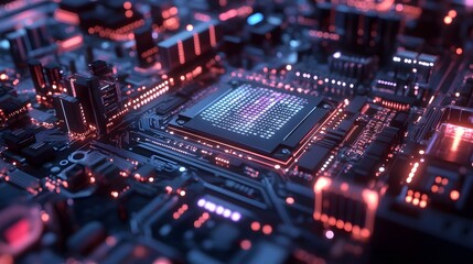 Fototapeta premium Close-up of a glowing CPU chip on a motherboard with red and blue lights.
