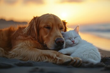 Golden Retriever Dog and White Cat Cuddling on the Beach at Sunset, Looking Cute and Happy
